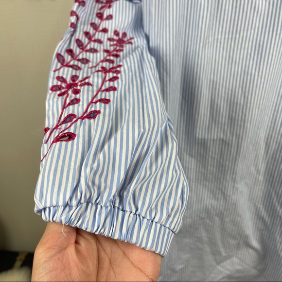 Cupio Women Cold Shoulder Cut Ruffle Trim Blue Stripe Cotton Dress size Medium - Picture 6 of 13